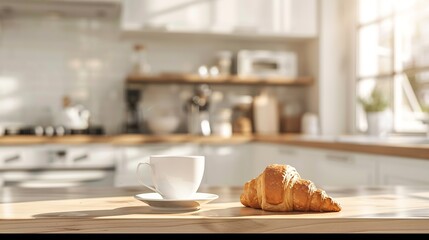 Croissant and coffee on kitchen countertop against blurred minimalist interior with modern furniture Selective focus at homemade pastry and tea drink in cup on wooden table copy space  : Generative AI