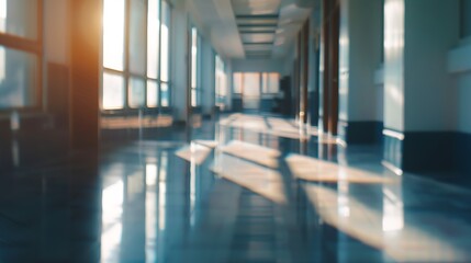 Light blurred background The hall of an office or medical institution with panoramic windows and a perspective : Generative AI - Powered by Adobe