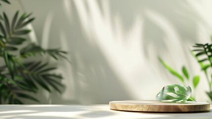 Wood podium tabletop floor  blurred green leaf on white wall nature backgroundBeauty cosmetic natural product placement pedestal displayjungle summer concept : Generative AI