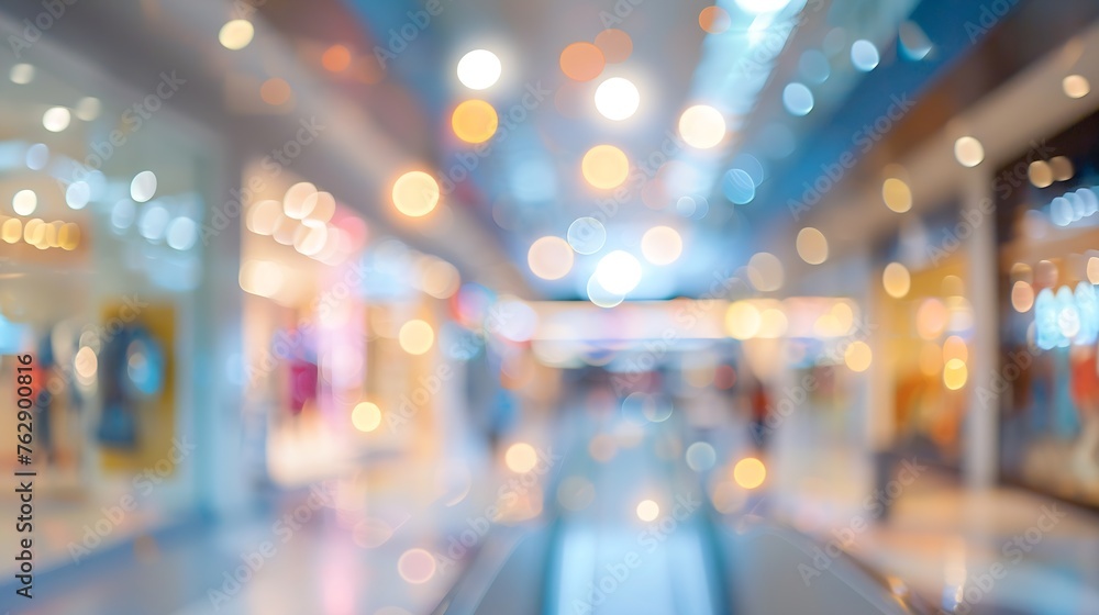 Fototapete abstract blur image background of shopping mall with light bokeh and flare light bulb : Generative AI