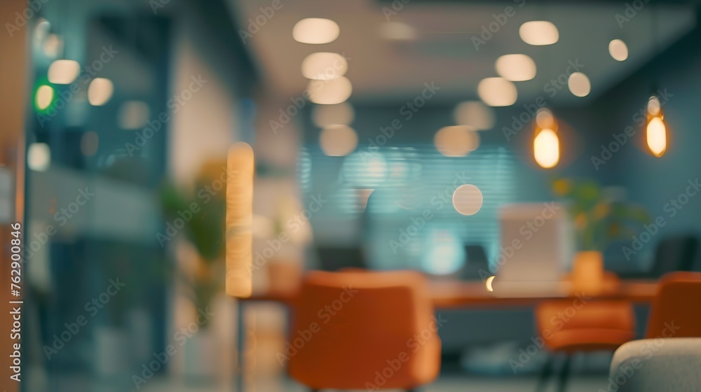 Poster blur focus modern contemporary and fashion office interior front view of an open space office interi