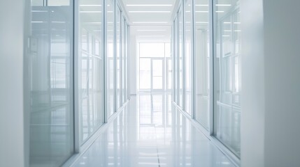 Fototapeta premium Empty corridor hallway of modern white office building room with glass entrance door business blur background corridor in a bright room empty space : Generative AI