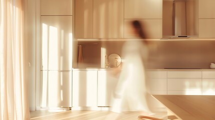 Stylish kitchen interior of modern apartment with motion blurred female person walking inside Interior made in white and beige tones with wooden kitchen front and floor : Generative AI