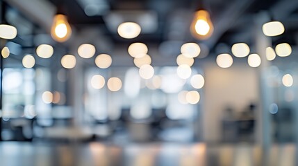 Blurred empty open space office Abstract light bokeh at office interior background : Generative AI
