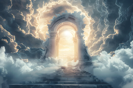 Majestic afterlife entrance to meeting god. A divine and celestial scene that evokes feelings of peace and spirituality.