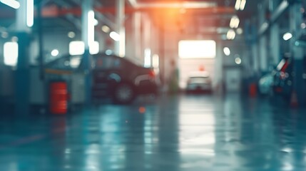 Abstract blur car garage automobile interior Blurred mechanic service centre auto repair workshop soft defocused Blurry car care station background : Generative AI