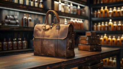 A elegant brown bag  is on display shelf in a luxury boutique store.