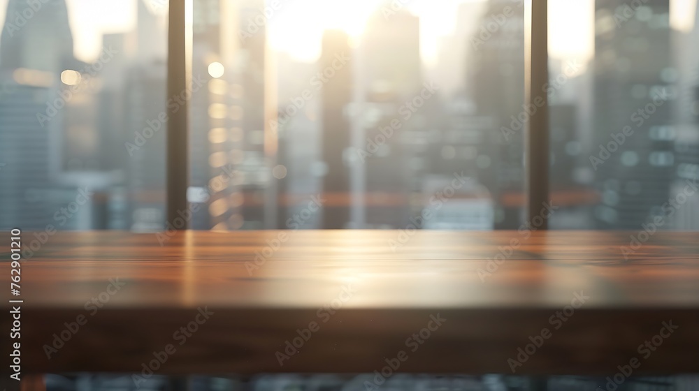 Poster selective focustop of wood table with window glass and cityscape backgroundfor montage product displ