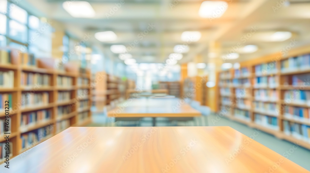 Fototapete Abstract blurred empty college library interior space Blurry classroom with bookshelves by defocused effect use for background or backdrop in book shop business or education resources  : Generative AI