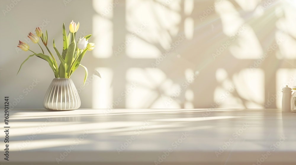 Poster Table background of free space and kitchen interiorWhite wall with shadows and sunny warm morning timeCopy space for your composition Easter table with spring flowers in a sunny April  : Generative AI