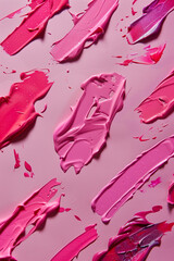 Obraz premium Variety of lipsticks with smudged stains on pink background for makeup beauty concept