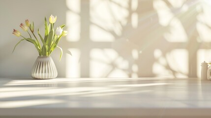 Table background of free space and kitchen interiorWhite wall with shadows and sunny warm morning timeCopy space for your composition Easter table with spring flowers in a sunny April  : Generative AI - obrazy, fototapety, plakaty