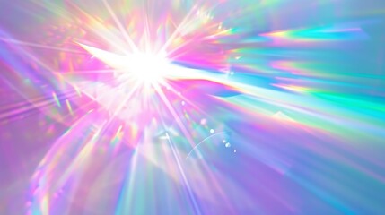 Obraz premium A holographic rainbow unicorn pastel purple pink teal colors abstract background Optical crystal prism flare beams Light flares Christmas texture : Generative AI