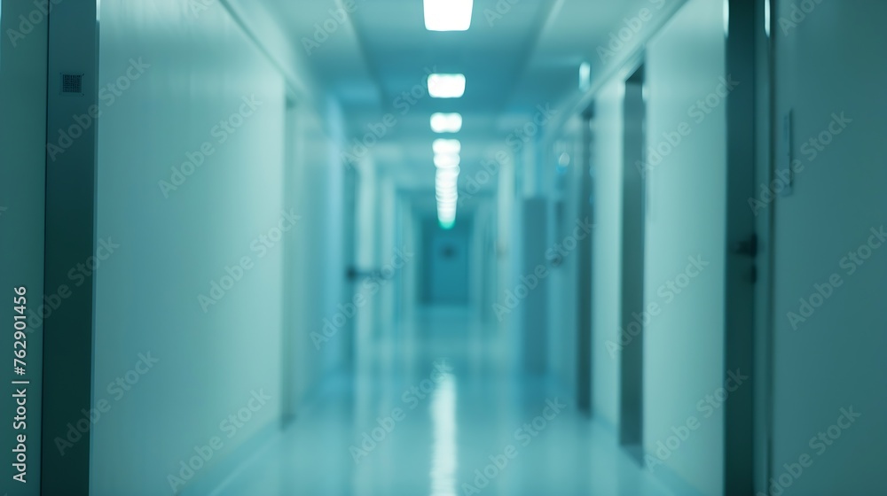 Poster Bright empty defocused hospital corridor background with copy space : Generative AI