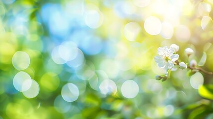 Obraz premium Beautiful blurred spring background nature with blooming glade trees and blue sky on a sunny day : Generative AI