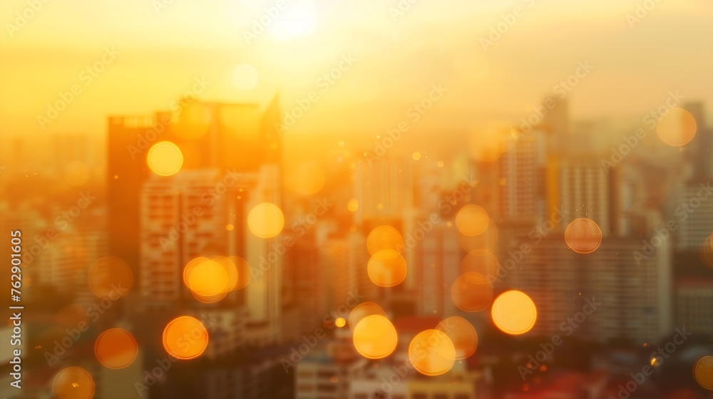 Canvas Prints Summer sun blur golden hour hot sunset sky with city rooftop view background cityscape office building landscape blurry urban warm bright heat wave lights skyline heatwave bokeh for ev : Generative AI