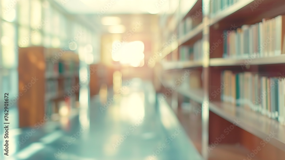 Fototapete Abstract blurred public library interior space blurry room with bookshelves by defocused effect use for background or backdrop in business or education concepts : Generative AI