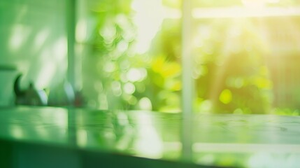 Blur white green abstract background from kitchen window panoramic banner : Generative AI