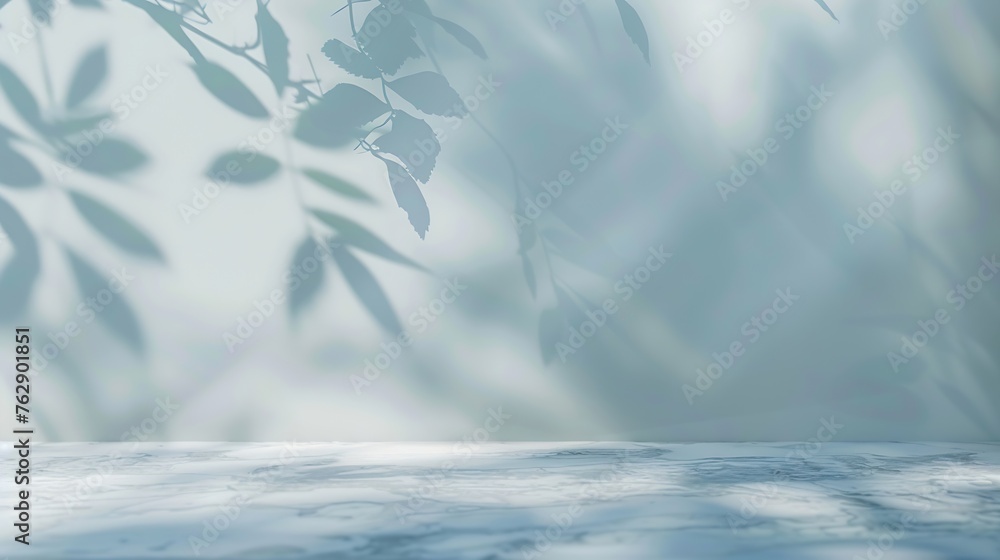 Poster Minimalistic light background with blurred foliage shadow on a light blue wall Beautiful background for presentation with with marble floor : Generative AI