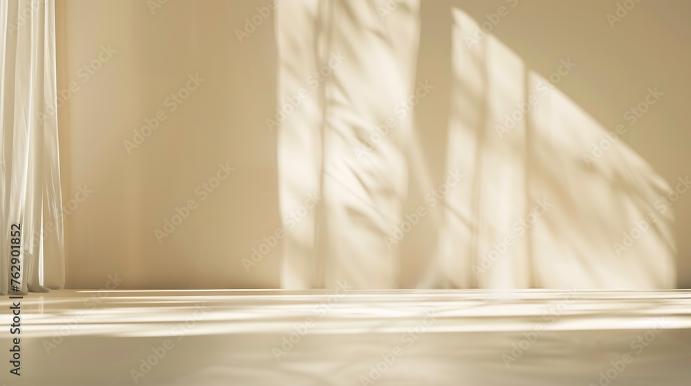 Poster Minimalistic abstract gentle light beige background for product presentation with light and shadow of window curtains on wall : Generative AI