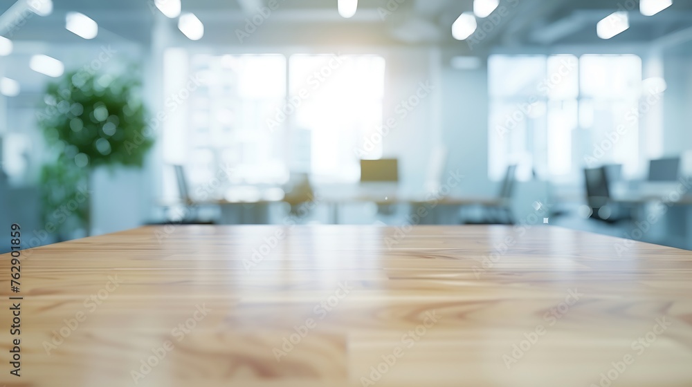 Poster wooden table on Blurred empty open space office Abstract light bokeh at office interior background for design : Generative AI