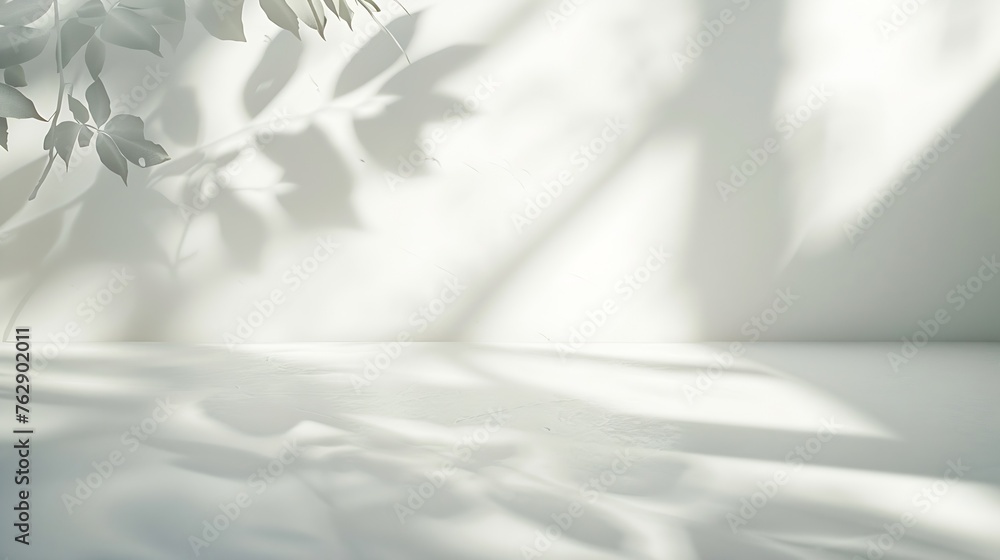 Aufkleber Minimalistic light background with blurred foliage shadow on a white wall Beautiful background for presentation with with smooth floor : Generative AI