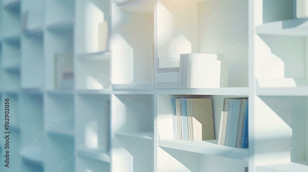 Leinwandbilder abstract blurred modern white bookshelves with books manuals and textbooks on bookshelves in library