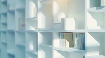 Abstract blurred modern white bookshelves with books manuals and textbooks on bookshelves in...