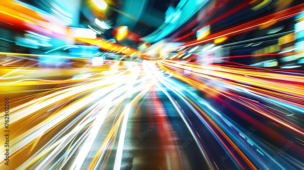 Poster abstract image of night traffic light trails in the city : generative ai
