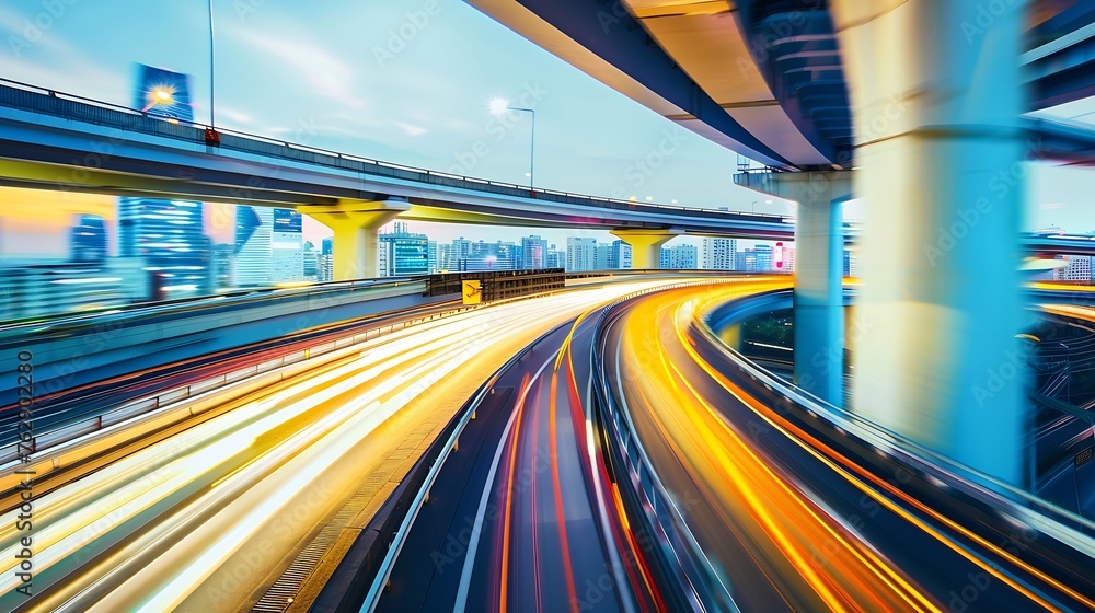 Poster highway overpass motion blur with city background : generative ai