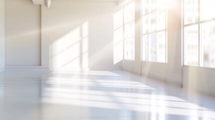 Empty room with white wall and panoramic windows blurred view Banner design : Generative AI