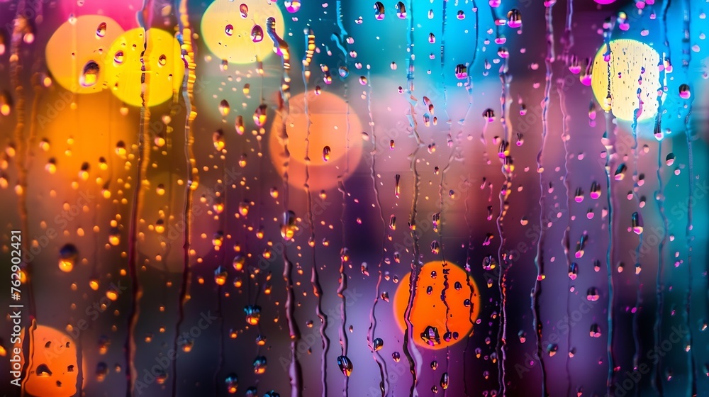 Poster Closeup through window of rainy day with water dripping down glass against blurred colorful background : Generative AI