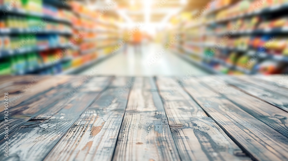 Poster empty wood table top with abstract supermarket grocery store aisle blurred defocused background with