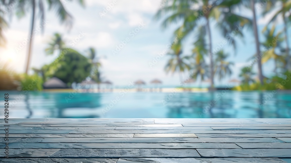 Poster Empty table top and blurred swimming pool in tropical resort in summer for display or montage your products : Generative AI