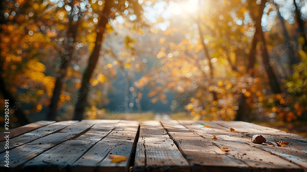 Aufkleber The empty rustic wooden table for product display with blur background of autumn forest Exuberant image : Generative AI