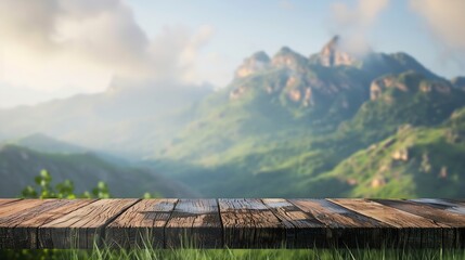 Fototapeta na wymiar Wooden table top on blur mountain and grass fieldFresh and Relax conceptFor montage product display or design key visual layoutView of copy space : Generative AI