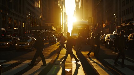 Silhouettes of men and women crossing a busy street in Midtown Manhattan New York City with...