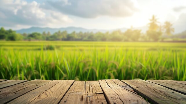 Wooden table top on blur rice field background in morning beautiful  rice plantation with natural sky view For montage product display copy space : Generative AI
