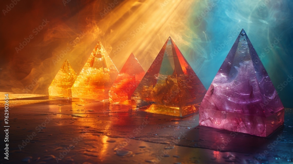 Poster a shining prism refracting light into the five platonic solids symbolizing the perfect forms that ma