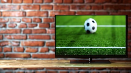 TV with soccer field on brick wall and wooden table with empty space Selective focus Blurred...