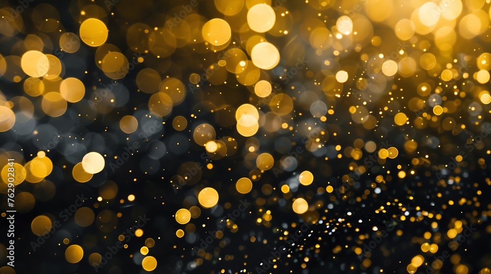 Poster golden blurred bokeh lights on black background glitter sparkle stars for celebrate overlay for your