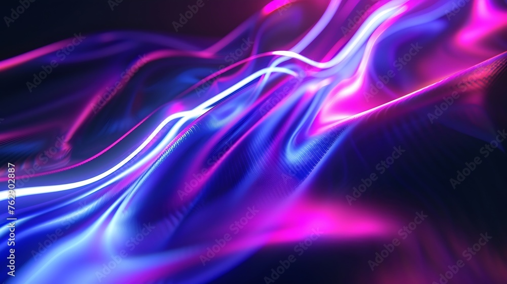 Poster Neon ripple texture Defocused glow Iridescent wave Blur purple blue fluorescent color gradient light curve lines abstract background with free space : Generative AI