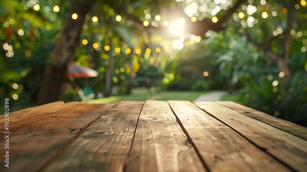 Aufkleber Empty wooden table with party in garden background blurred : Generative AI