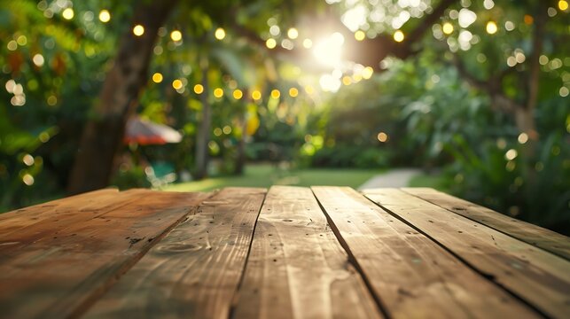 Empty wooden table with party in garden background blurred : Generative AI