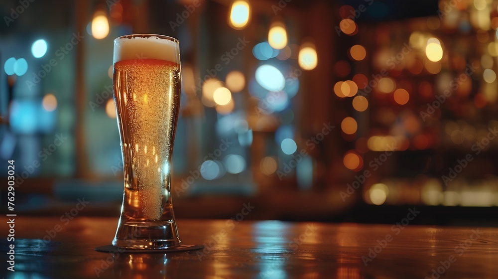 Poster Glass of chilled beer on table and blurred sparkling bar background : Generative AI