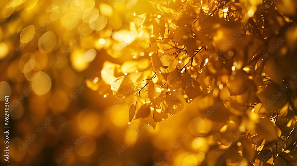 Aufkleber beautiful blurred autumn background with yellowgold leaves in the rays of sunlight on a dark natural