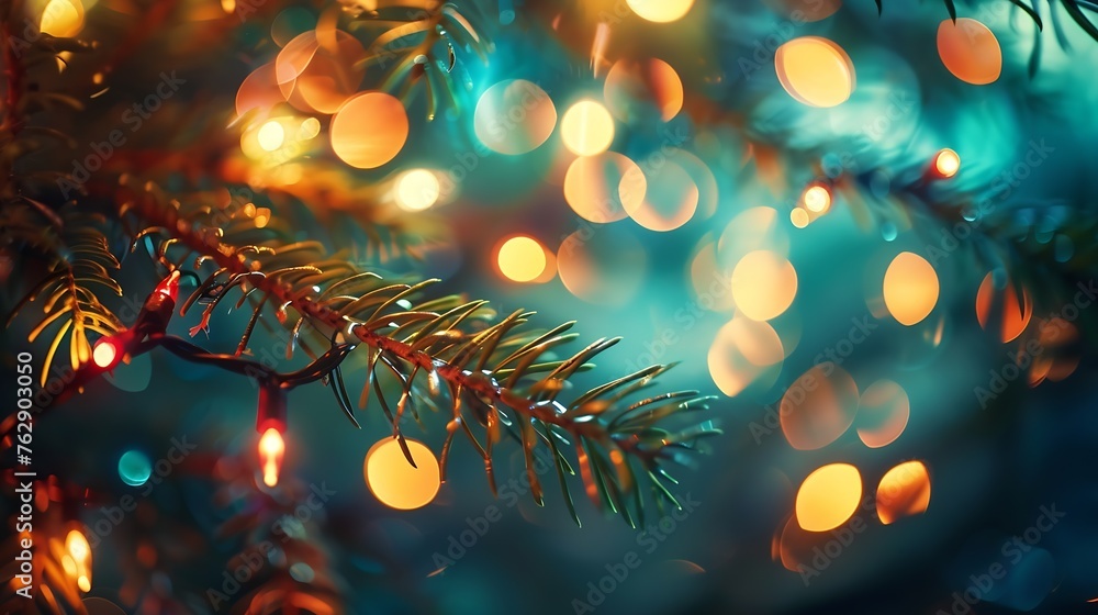 Aufkleber christmas tree branches with garland lights on bokeh background : generative ai