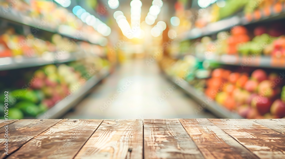 Poster wood table top with supermarket grocery store blurred defocused background with bokeh light for prod