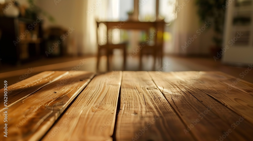 Poster The empty wooden brown table top with blur background of home room in winter Exuberant image : Generative AI