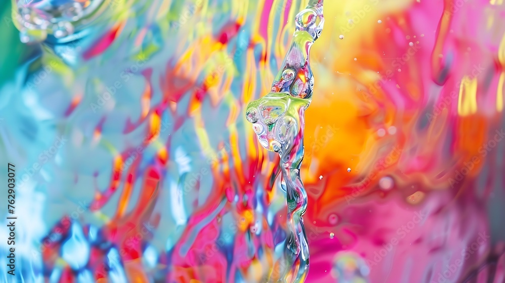 Poster Closeup through window of colorful water spreading over glass surface against multicolored blurred background : Generative AI
